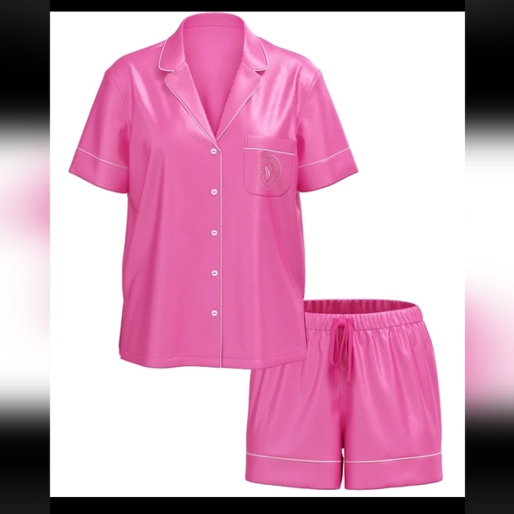 Victoria's Secret Glazed Satin Pink Short Sleeve Pajama Set XL 100% Polyester - Picture 2 of 14